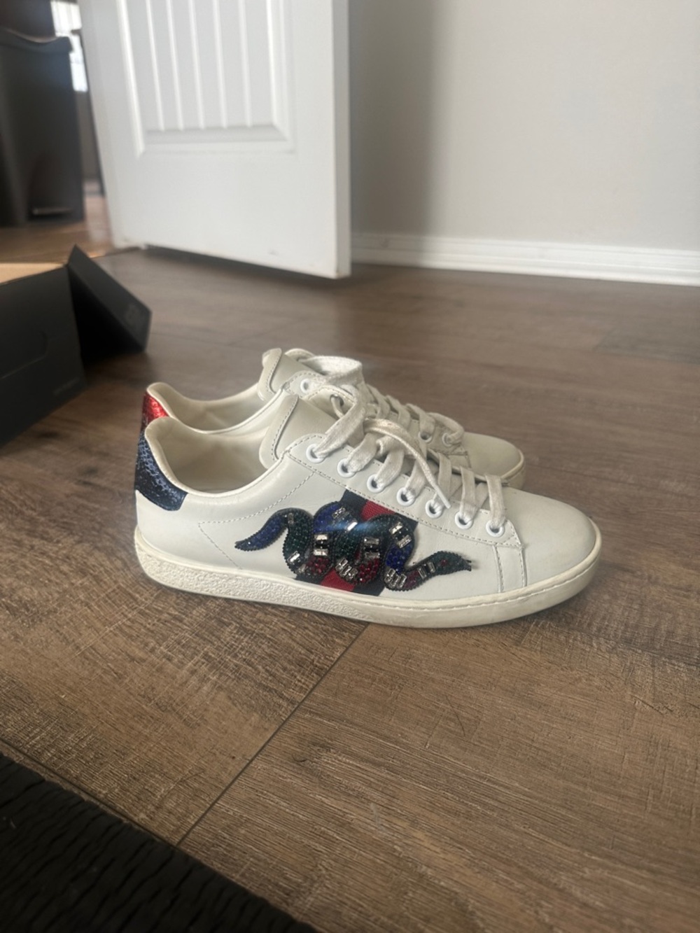 Gucci White Leather Sneakers with Red & Blue Snake Detail